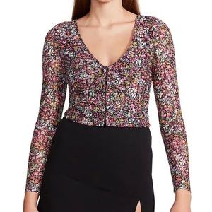 NWT Steve Madden Luna Floral Print Mesh Long Sleeve V-Neck Hook Front Top